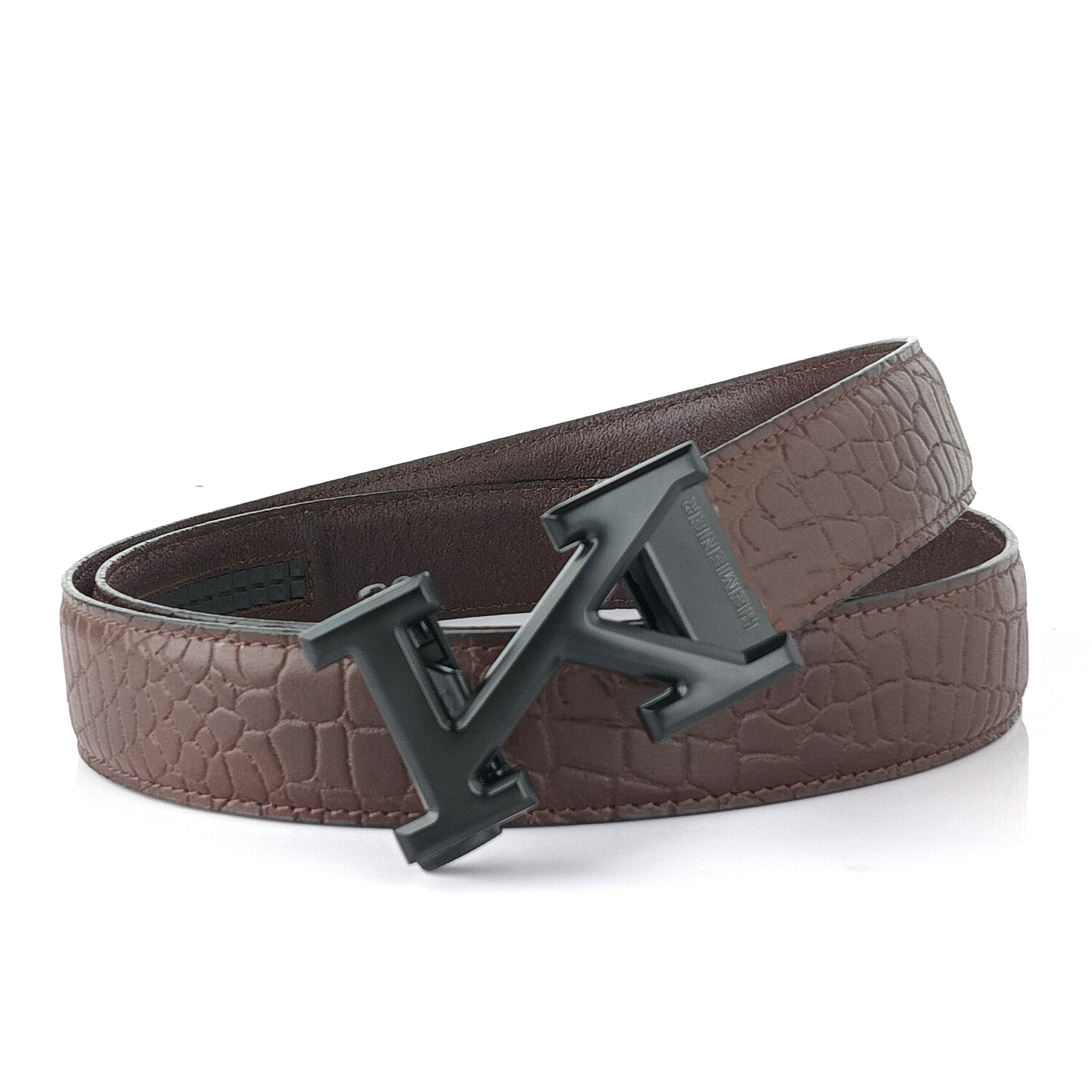 Hemener Men K Letter Metal Auto Grip Buckle Brown Croc Pattern Genuine Leather Belt