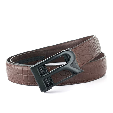 Hemener Men R Letter Metal Auto Grip Buckle Brown Croc Pattern Genuine Leather Belt