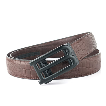 Hemener Men B Letter Metal Auto Grip Buckle Brown Croc Pattern Genuine Leather Belt