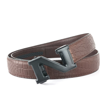 Hemener Men N Letter Metal Auto Grip Buckle Brown Croc Pattern Genuine Leather Belt