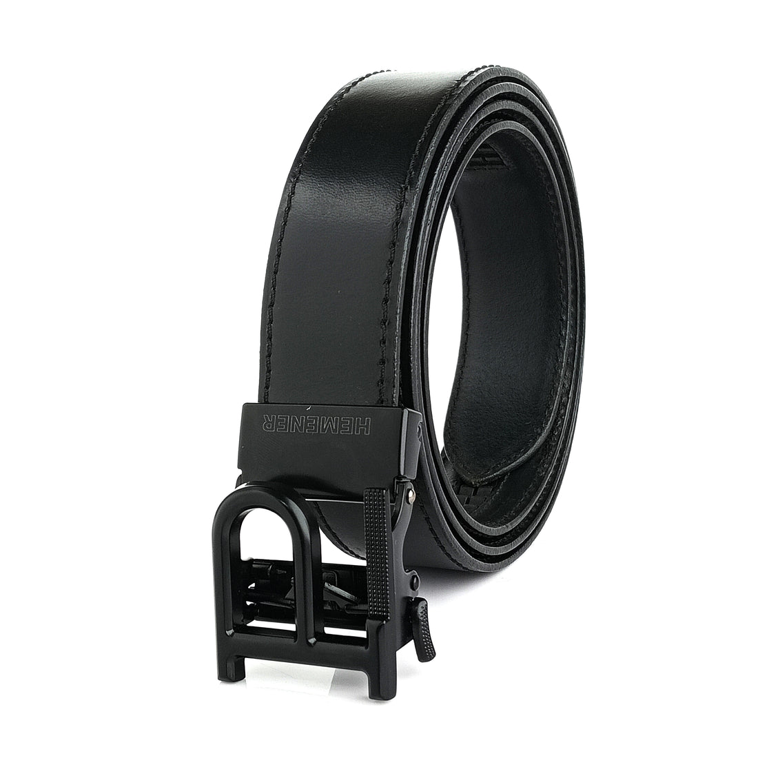 Hemener Men P Letter Metal Buckle Black Genuine Leather Belt