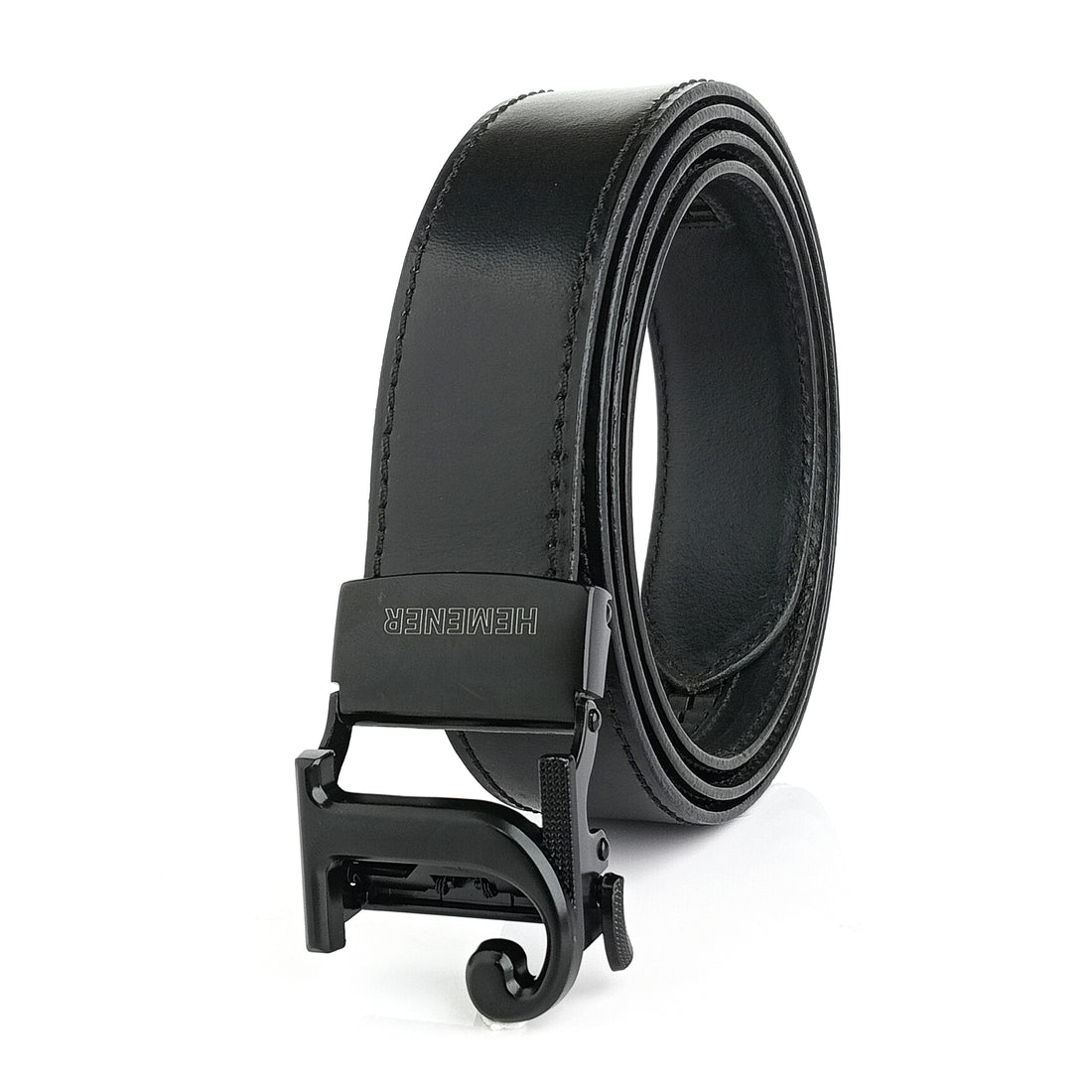 Hemener Men J Letter Metal Buckle Black Genuine Leather Belt