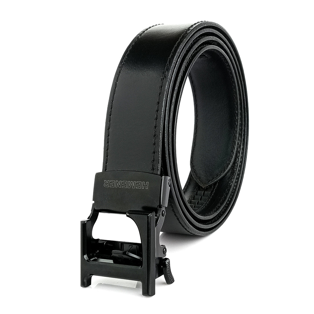 Hemener Men L Letter Metal Buckle Black Genuine Leather Belt