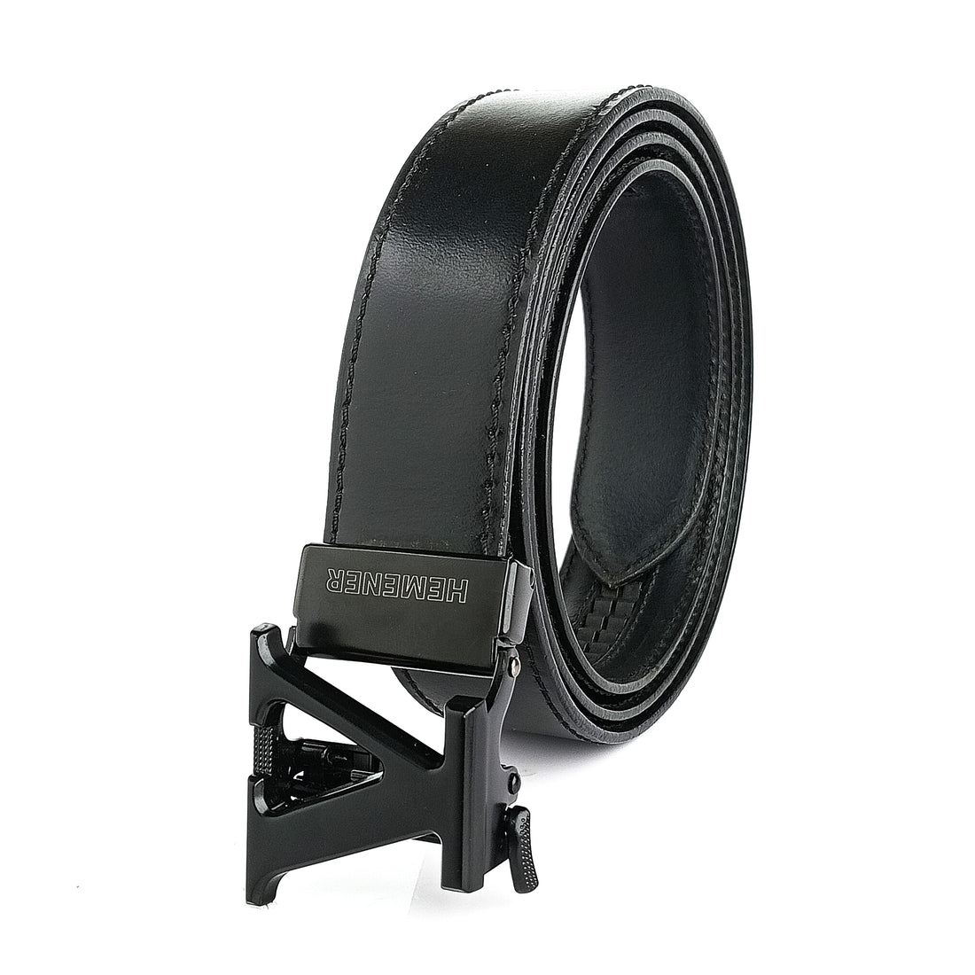 Hemener Men V Letter Metal Buckle Black Genuine Leather Belt