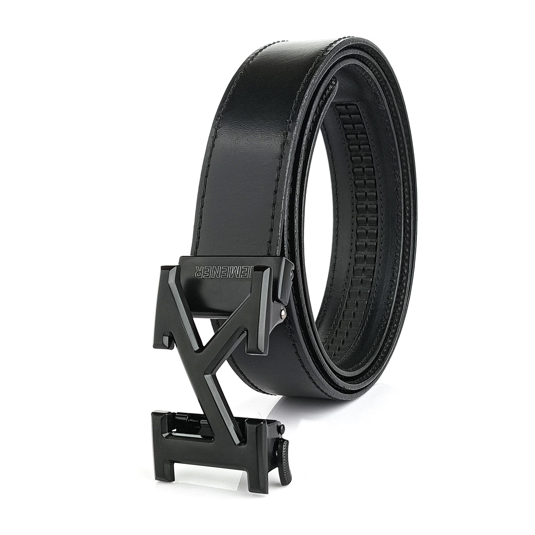 Hemener Men K Letter Metal Buckle Black Genuine Leather Belt