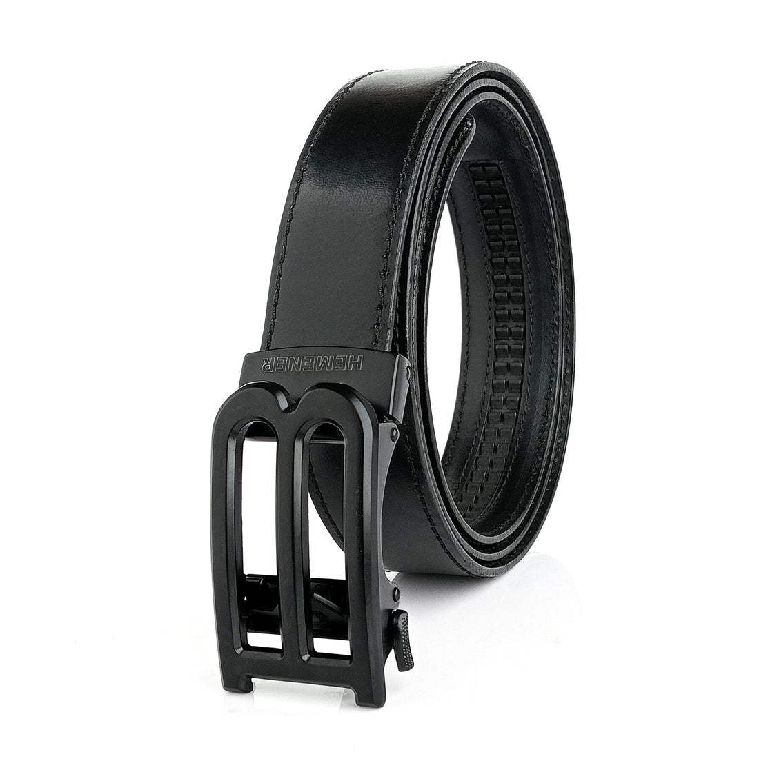 Hemener Men B Letter Metal Buckle Black Genuine Leather Belt