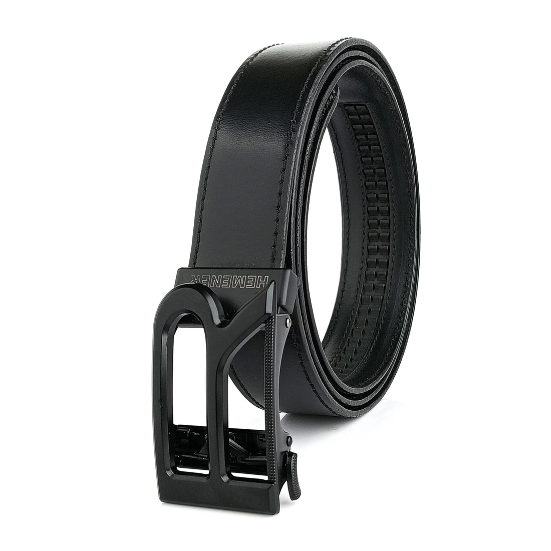 Hemener Men R Letter Metal Buckle Black Genuine Leather Belt