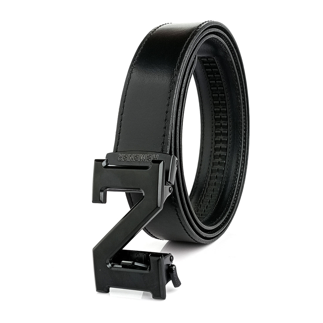 Hemener Men N Letter Metal Buckle Black Genuine Leather Belt