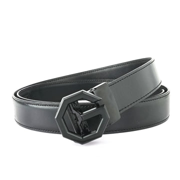 Hemener Men G Letter Metal Buckle Black Genuine Leather Belt