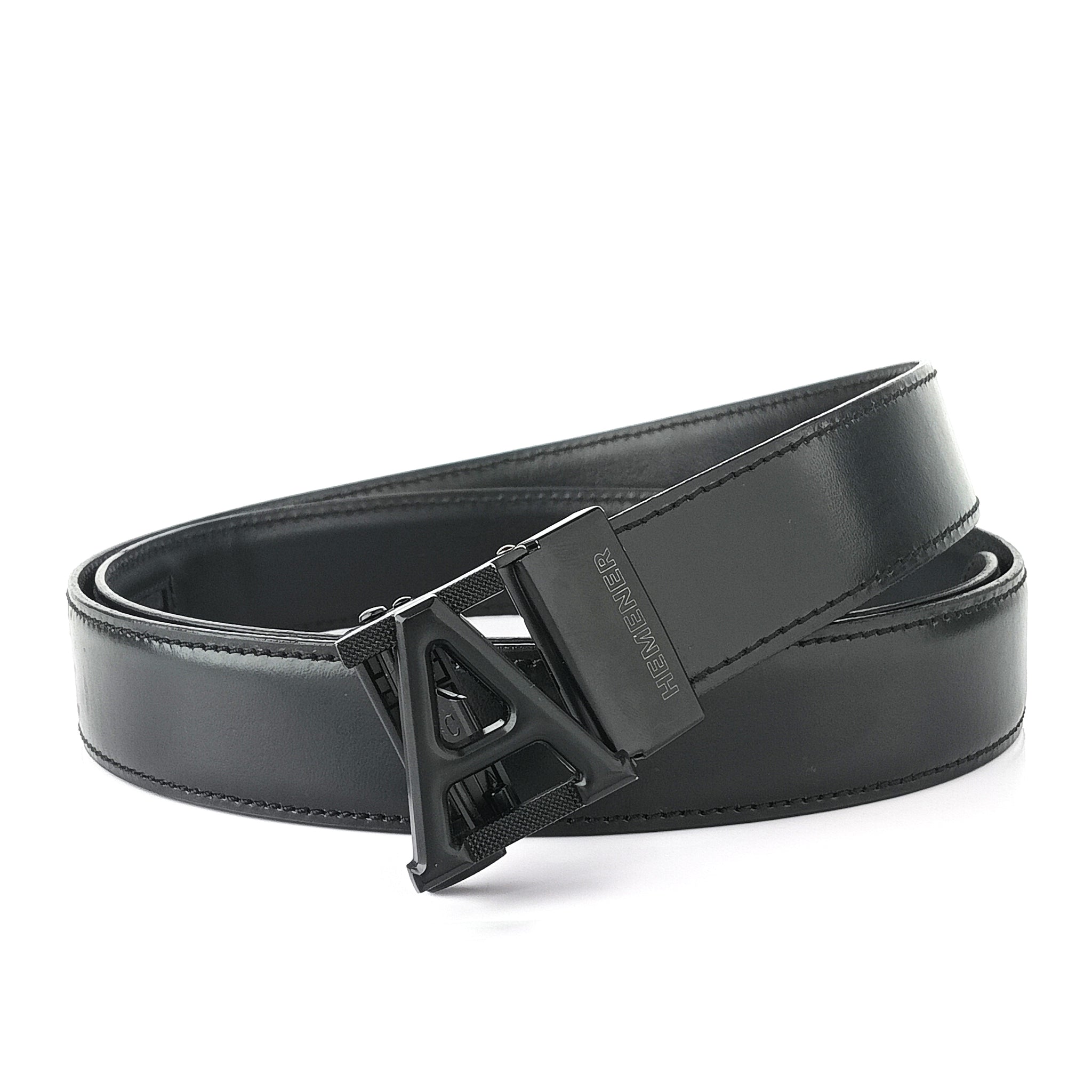 Hemener Men A Letter Metal Buckle Black Genuine Leather Belt