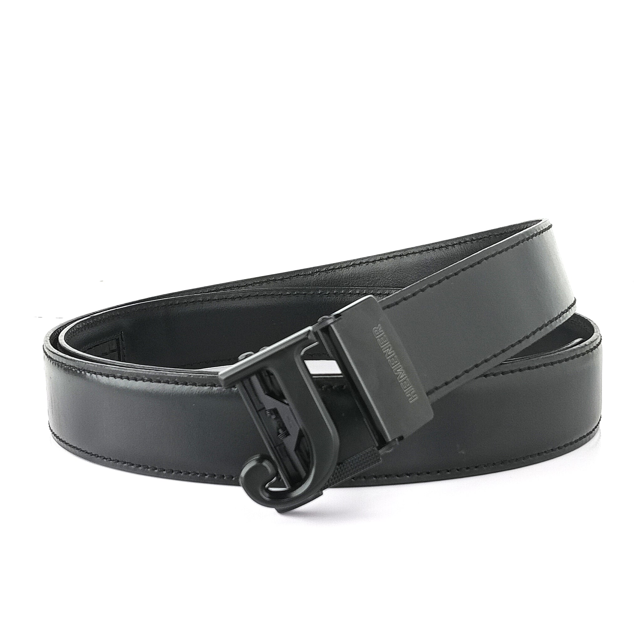 Hemener Men J Letter Metal Buckle Black Genuine Leather Belt