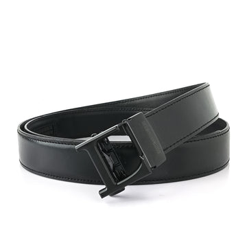 Hemener Men L Letter Metal Buckle Black Genuine Leather Belt