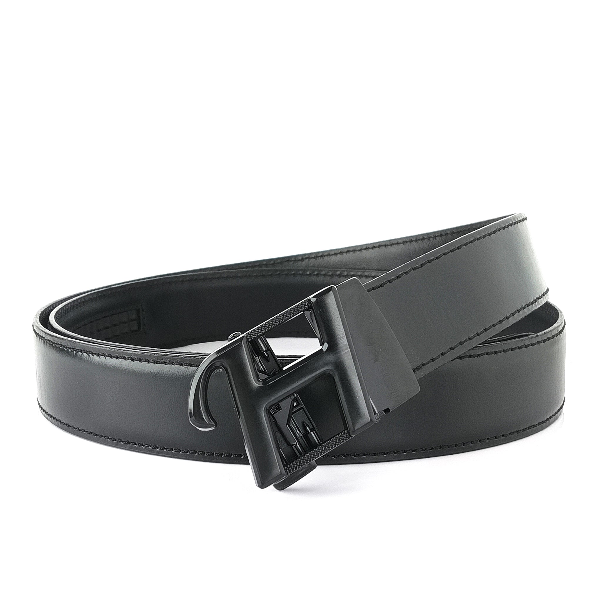 Hemener Men H Letter Metal Buckle Black Genuine Leather Belt