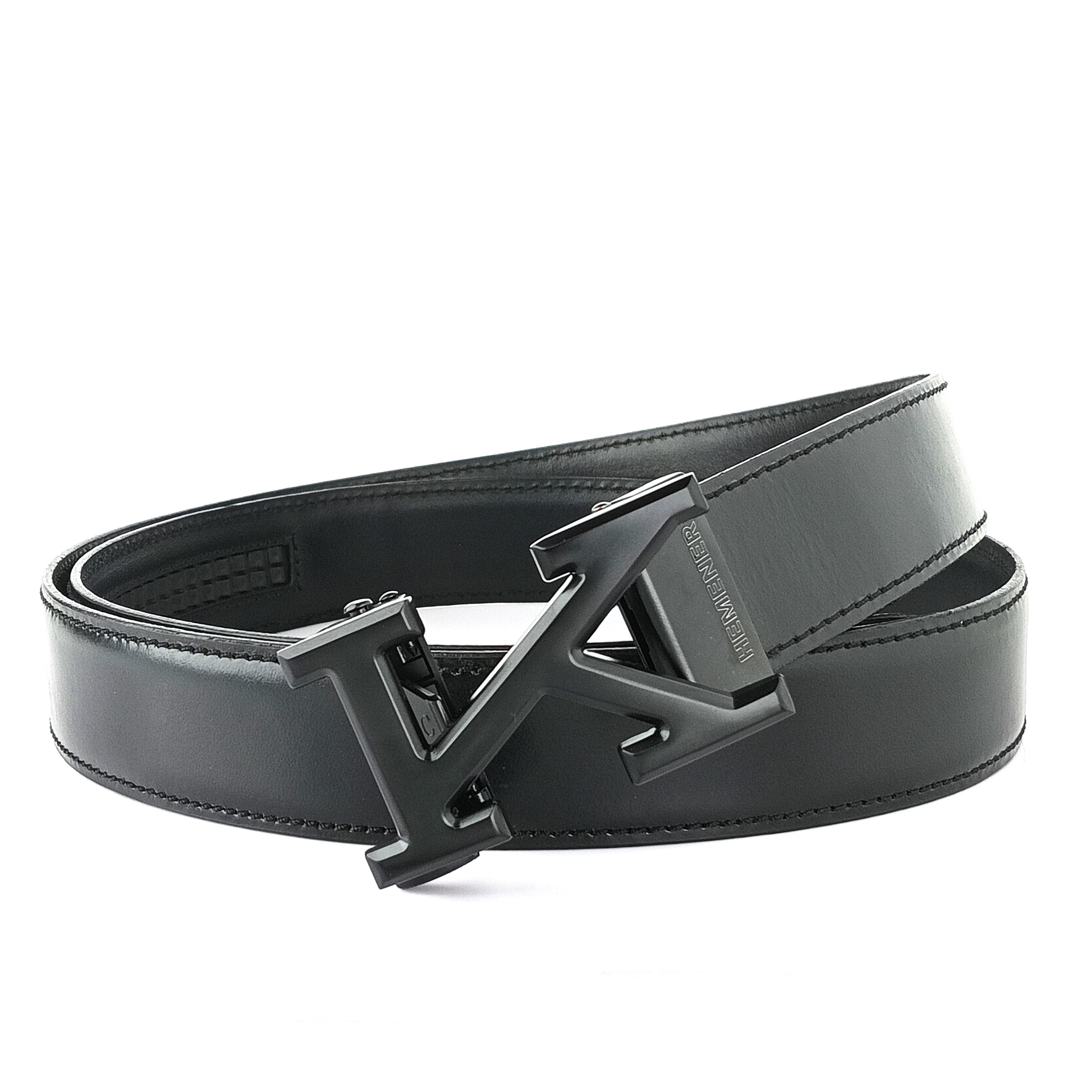 Hemener Men K Letter Metal Buckle Black Genuine Leather Belt