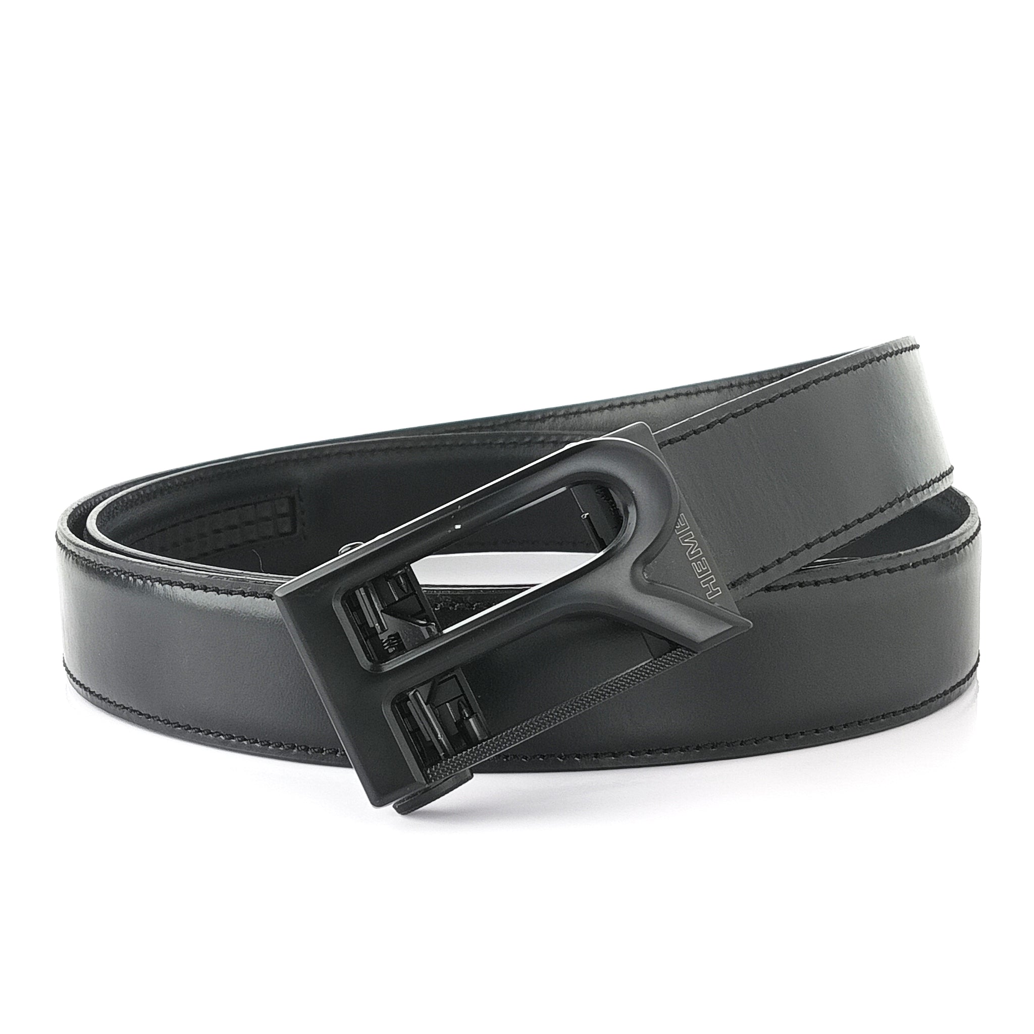 Hemener Men R Letter Metal Buckle Black Genuine Leather Belt