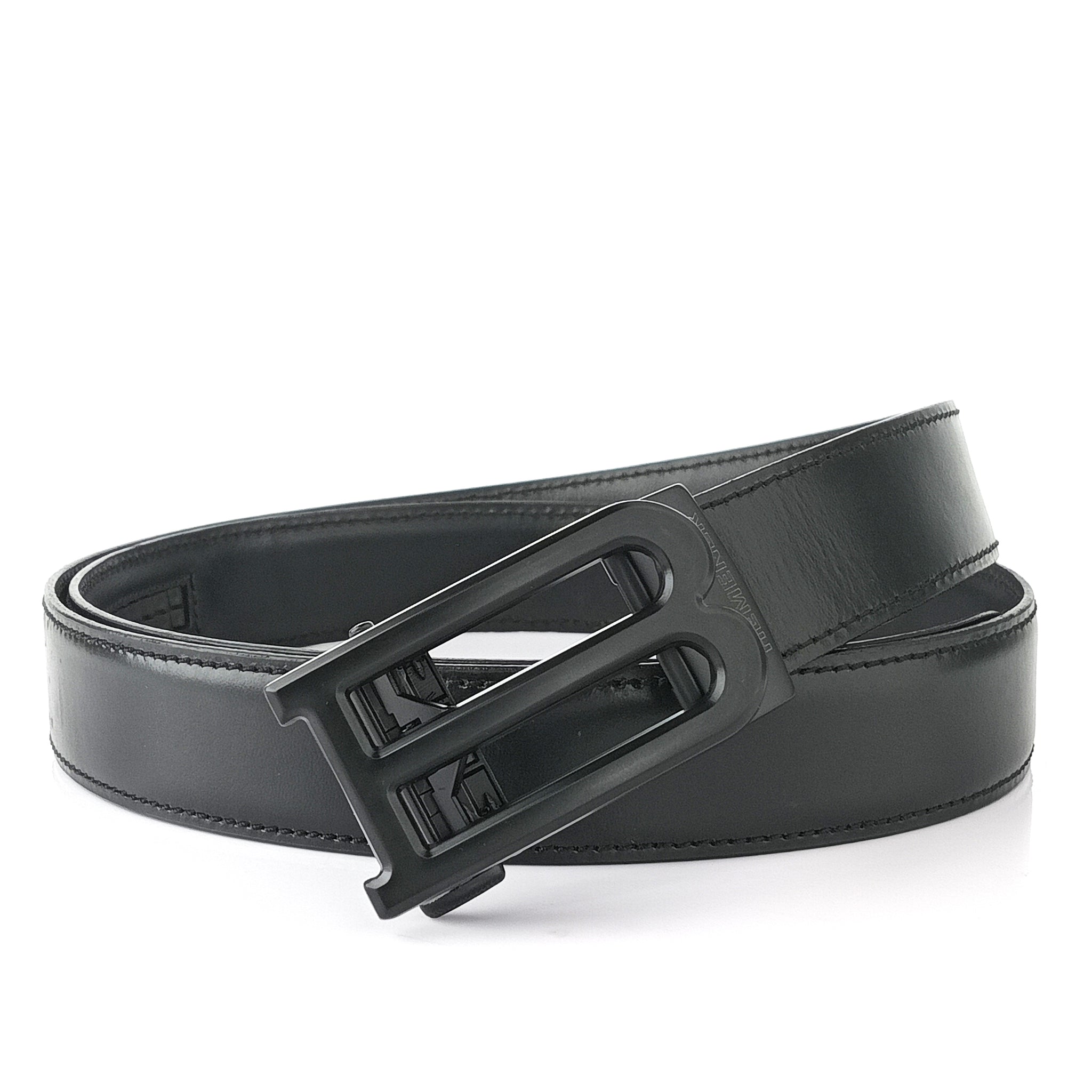 Hemener Men B Letter Metal Buckle Black Genuine Leather Belt