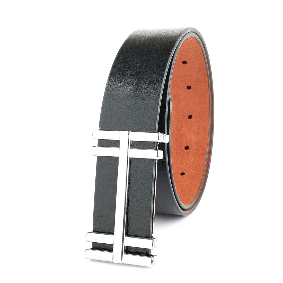 Hemener Men Pin Hole Buckle Black Genuine Leather Belt