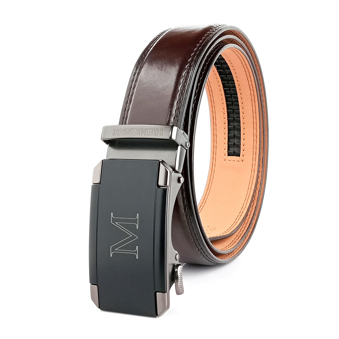 Hemener Men M Letter Metal Auto Grip Buckle Dark Brown Texas Leather Belt