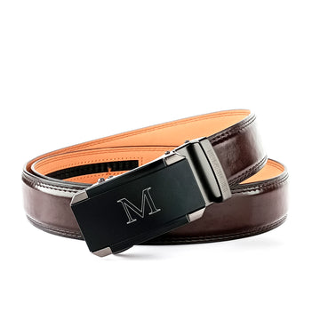 Hemener Men M Letter Metal Auto Grip Buckle Dark Brown Texas Leather Belt