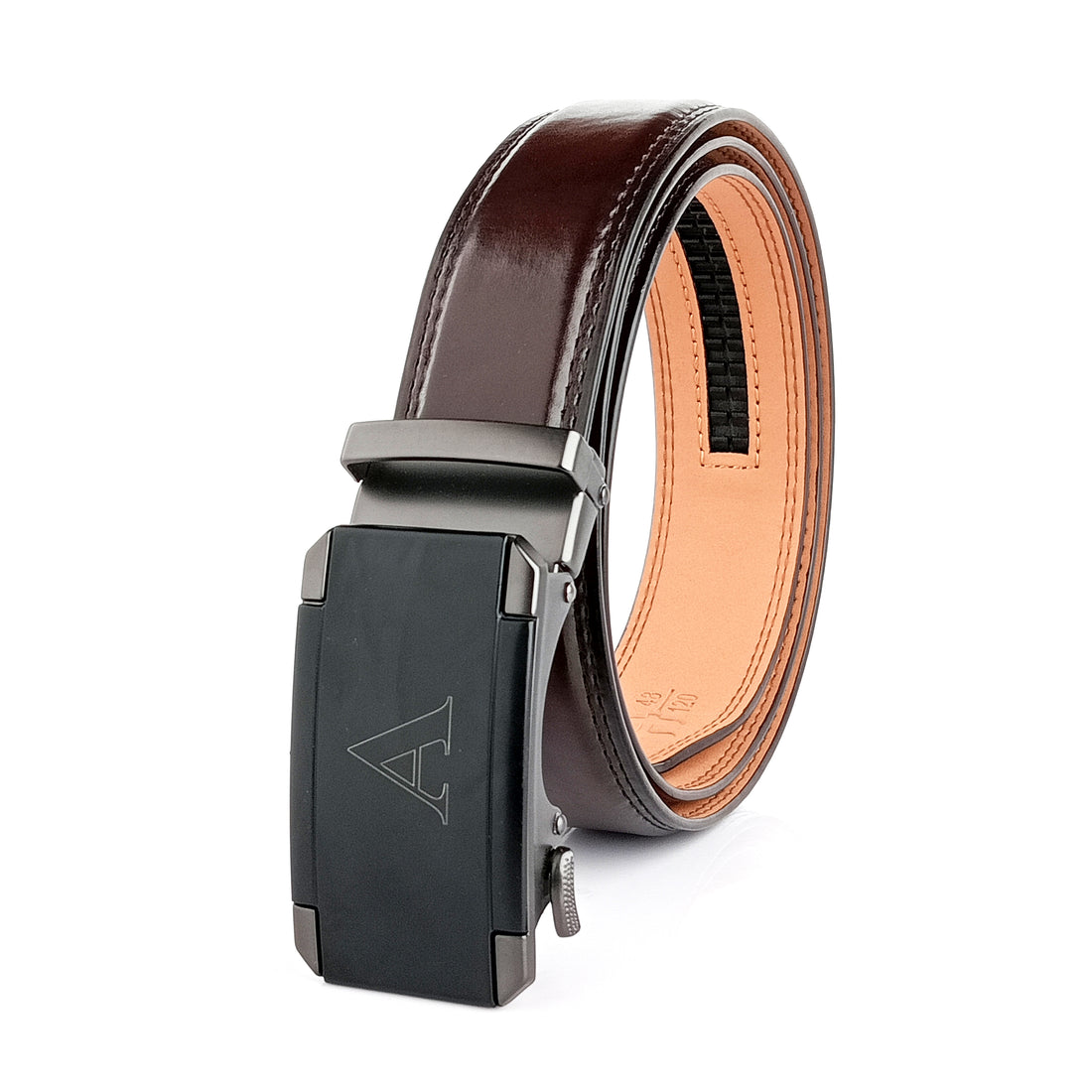 Hemener Men A Letter Metal Auto Grip Buckle Dark Brown Texas Leather Belt