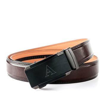 Hemener Men A Letter Metal Auto Grip Buckle Dark Brown Texas Leather Belt