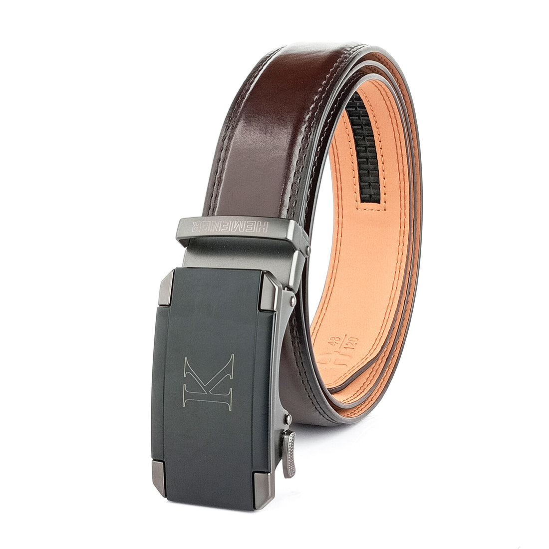 Hemener Men K Letter Metal Auto Grip Buckle Dark Brown Texas Leather Belt