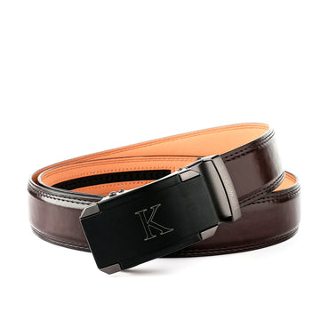 Hemener Men K Letter Metal Auto Grip Buckle Dark Brown Texas Leather Belt