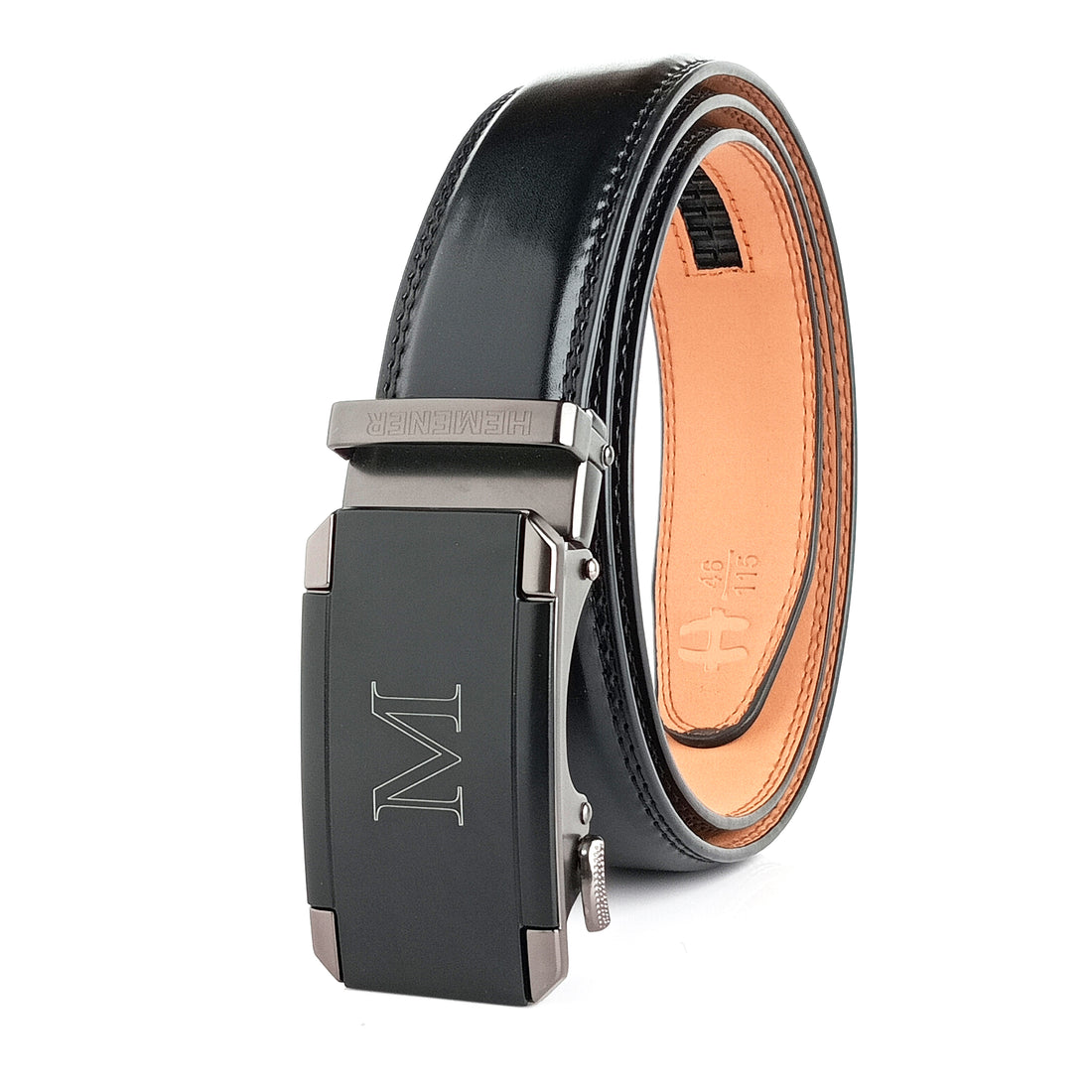 Hemener Men M Letter Metal Auto Grip Buckle Black Texas Leather Belt