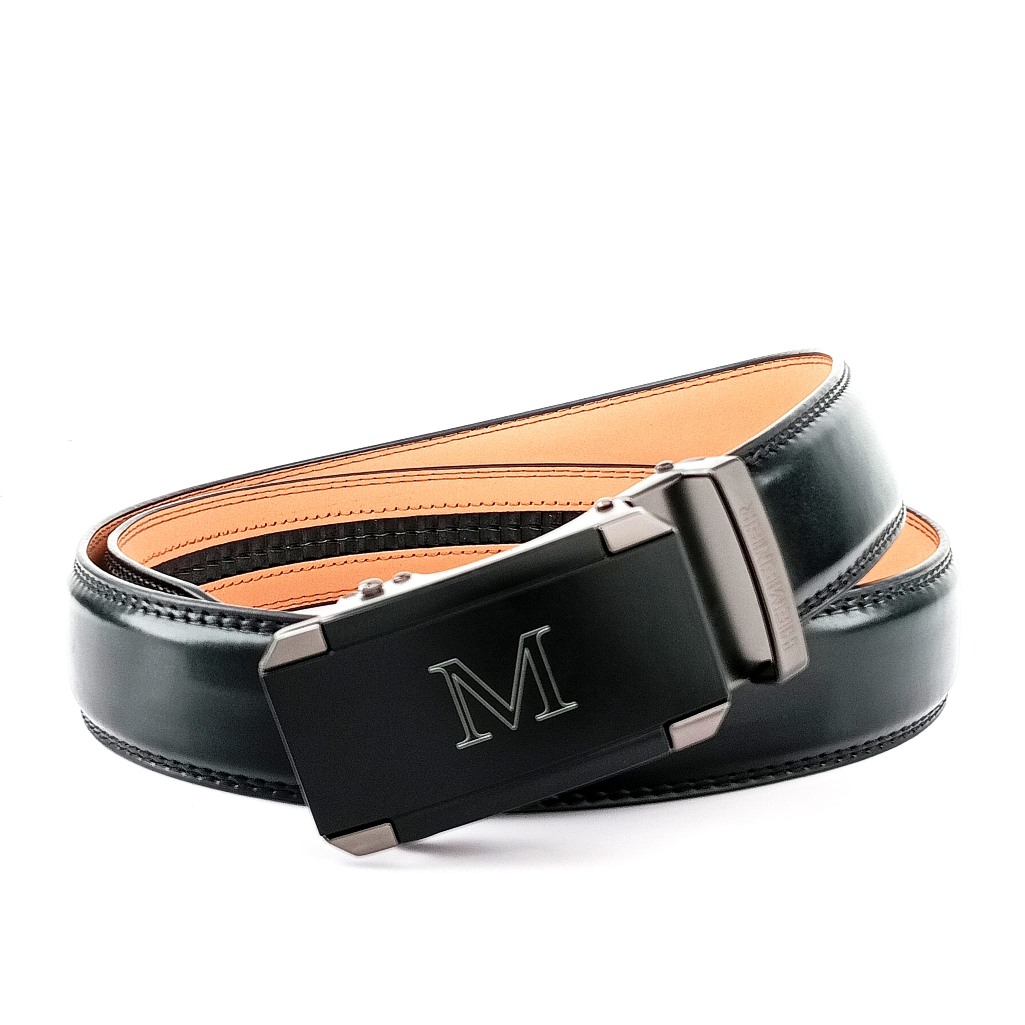 Hemener Men M Letter Metal Auto Grip Buckle Black Texas Leather Belt