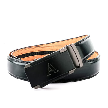 Hemener Men A Letter Metal Auto Grip Buckle Black Texas Leather Belt