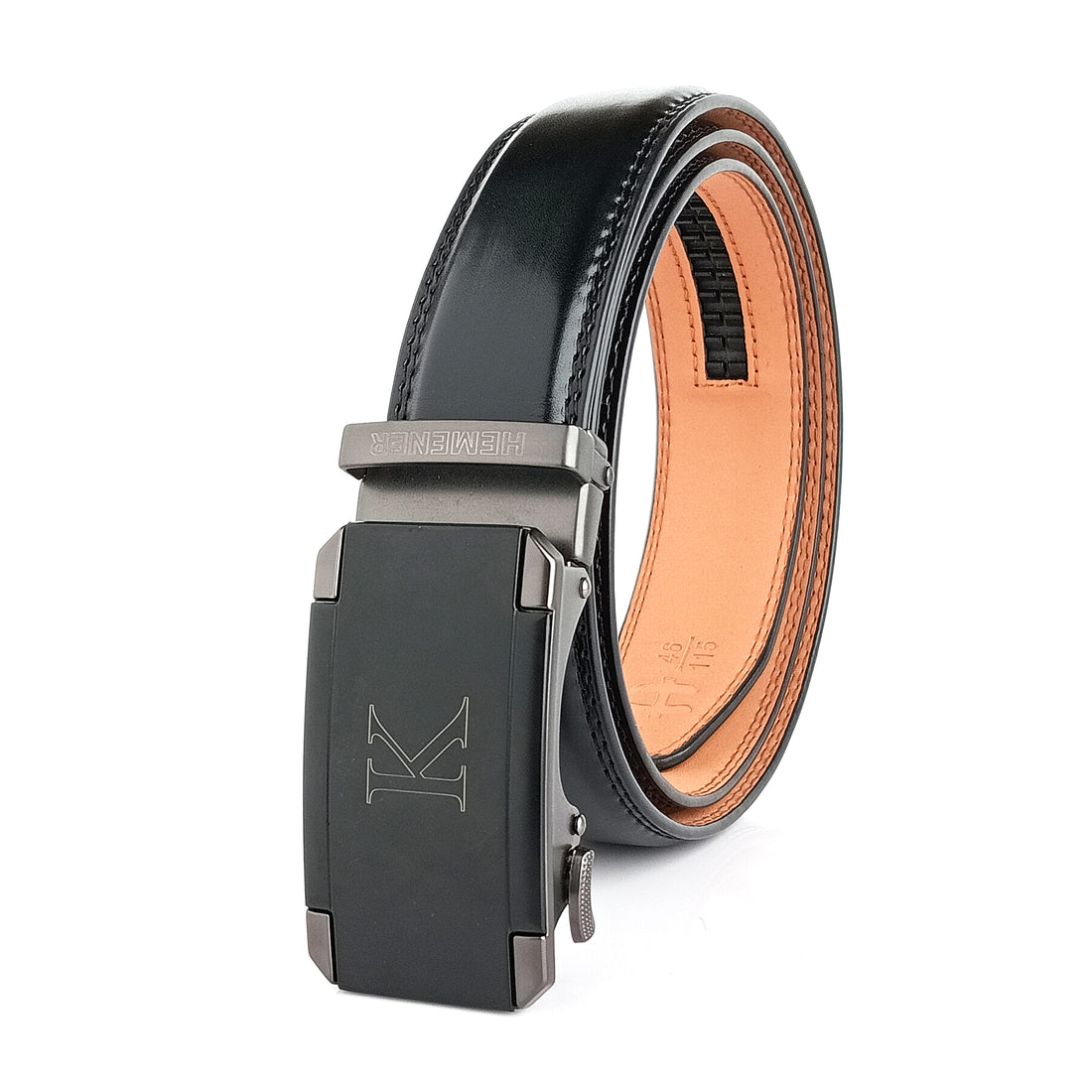 Hemener Men K Letter Metal Auto Grip Buckle Black Texas Leather Belt