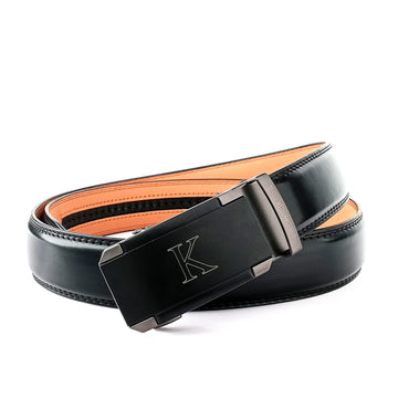 Hemener Men K Letter Metal Auto Grip Buckle Black Texas Leather Belt