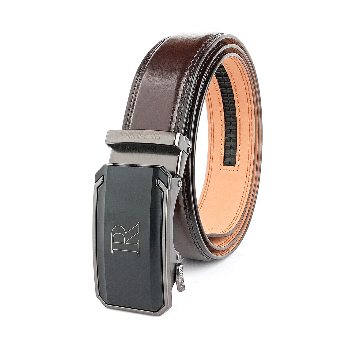 Hemener Men R Letter Metal Auto Grip Buckle Dark Brown Texas Leather Belt