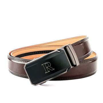 Hemener Men R Letter Metal Auto Grip Buckle Dark Brown Texas Leather Belt