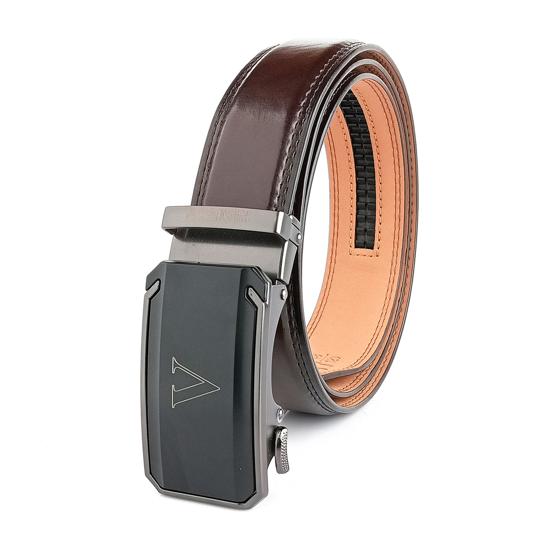 Hemener Men V Letter Metal Auto Grip Buckle Dark Brown Texas Leather Belt