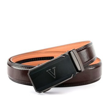 Hemener Men V Letter Metal Auto Grip Buckle Dark Brown Texas Leather Belt