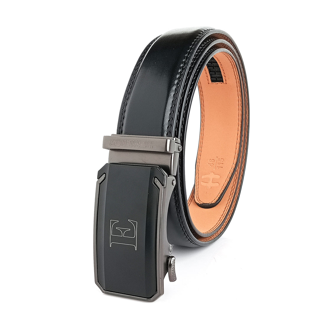 Hemener Men E Letter Metal Auto Grip Buckle Black Texas Leather Belt