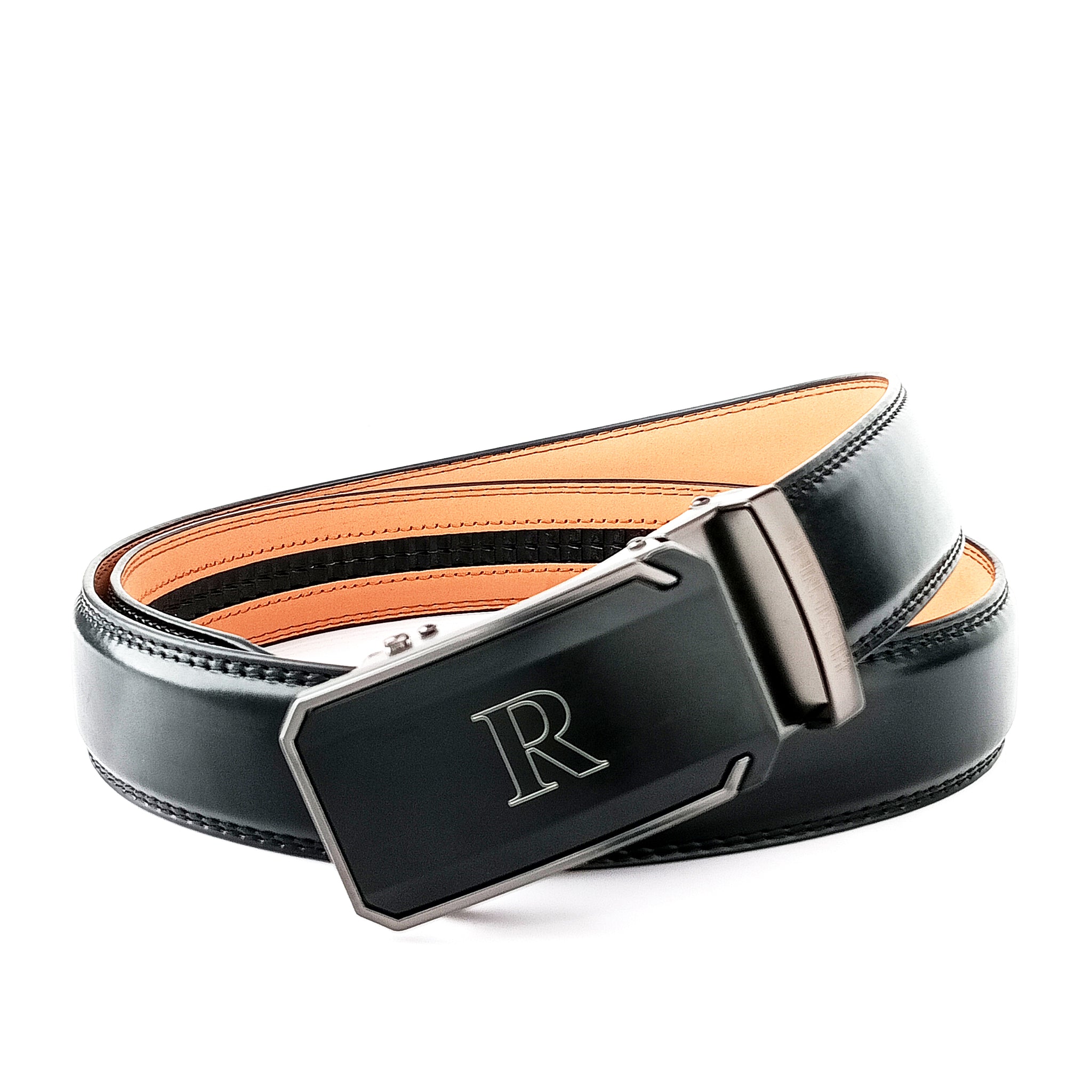 Hemener Men R Letter Metal Auto Grip Buckle Black Texas Leather Belt