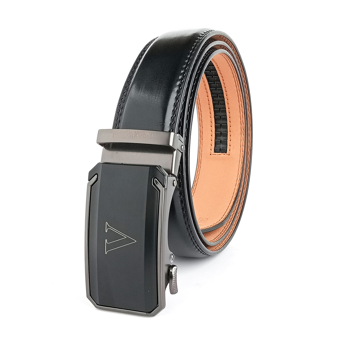 Hemener Men V Letter Metal Auto Grip Buckle Black Texas Leather Belt