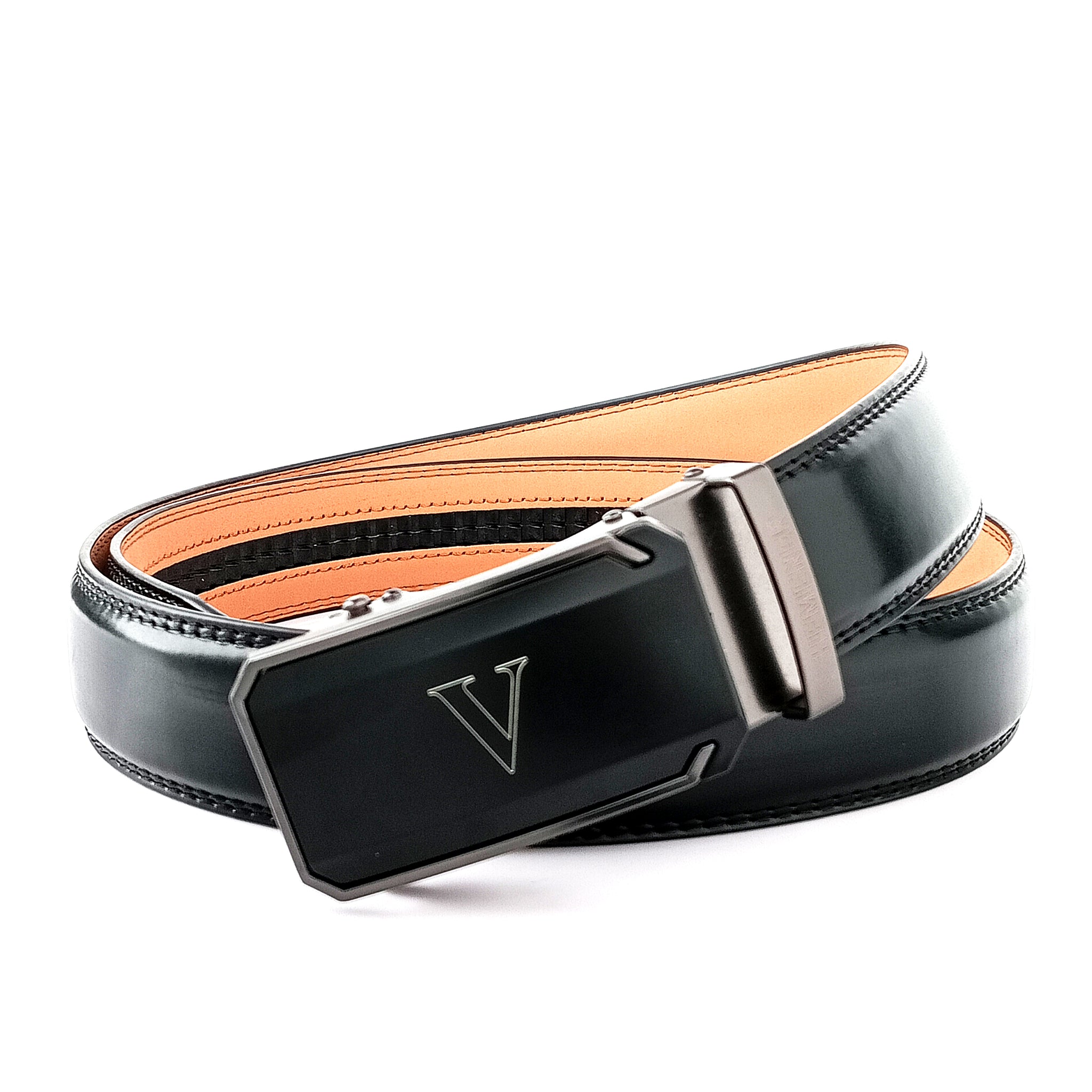 Hemener Men V Letter Metal Auto Grip Buckle Black Texas Leather Belt