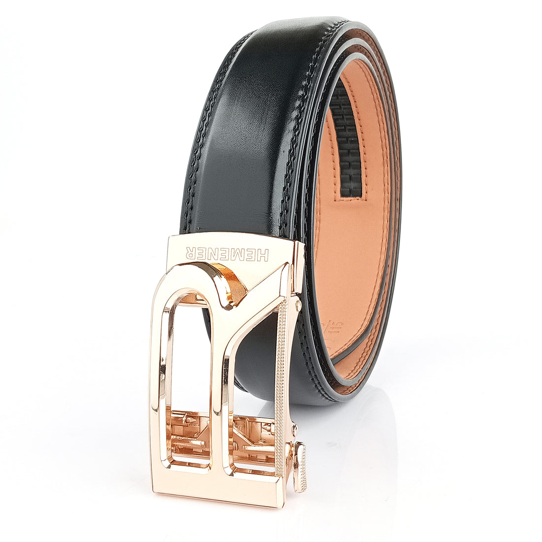 Hemener Men R Letter Metal Auto Grip Buckle Black Texas Leather Belt