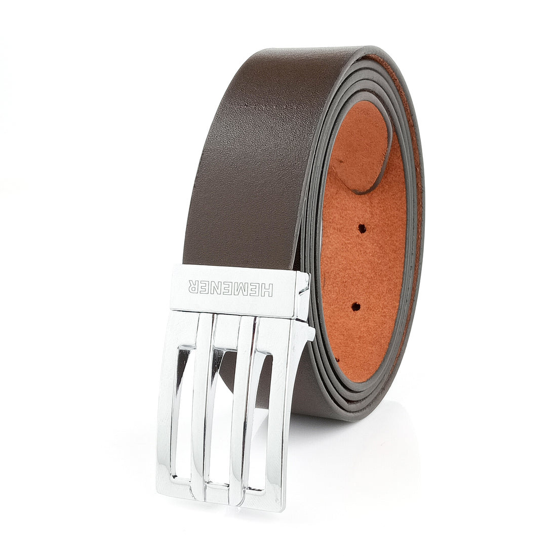 Hemener Men Metal Pin Hole Buckle Dark Brown Genuine Leather Belt