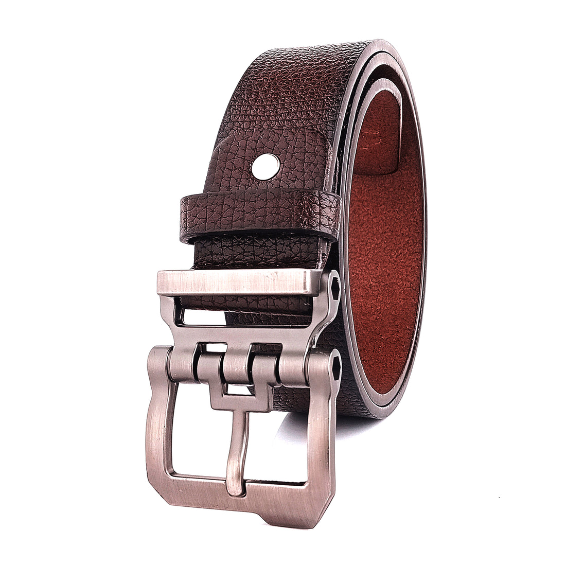 Hemener Men Solid Metal Pin Hole Buckle Dark Brown Vegan Leather Belt