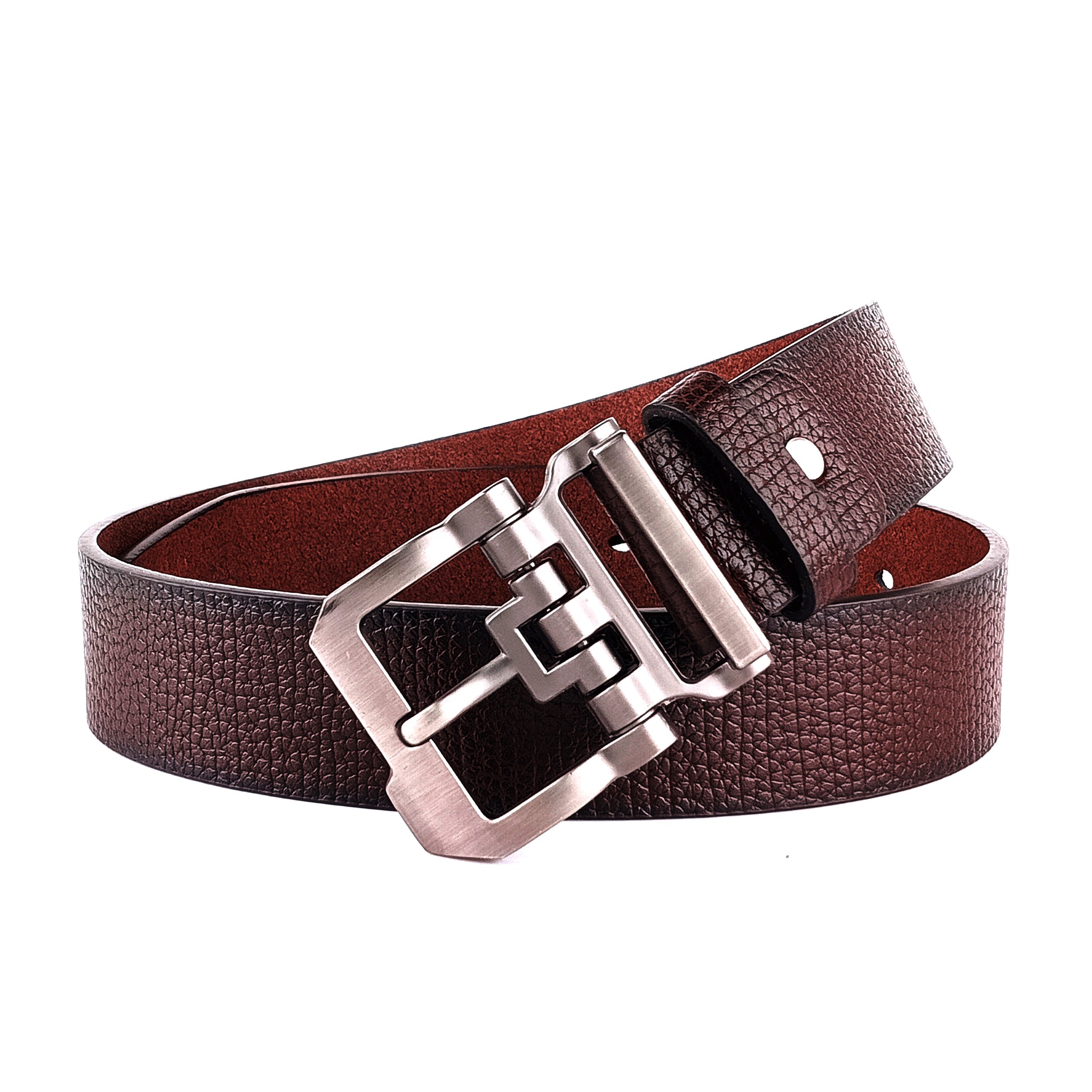 Hemener Men Solid Metal Pin Hole Buckle Dark Brown Vegan Leather Belt