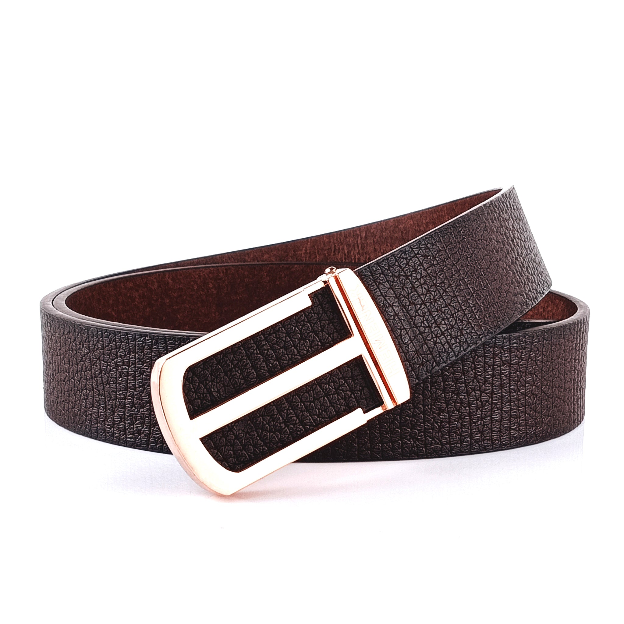 Hemener Men Glossy Metal Pin Hole Buckle Dark Brown Vegan Leather Belt