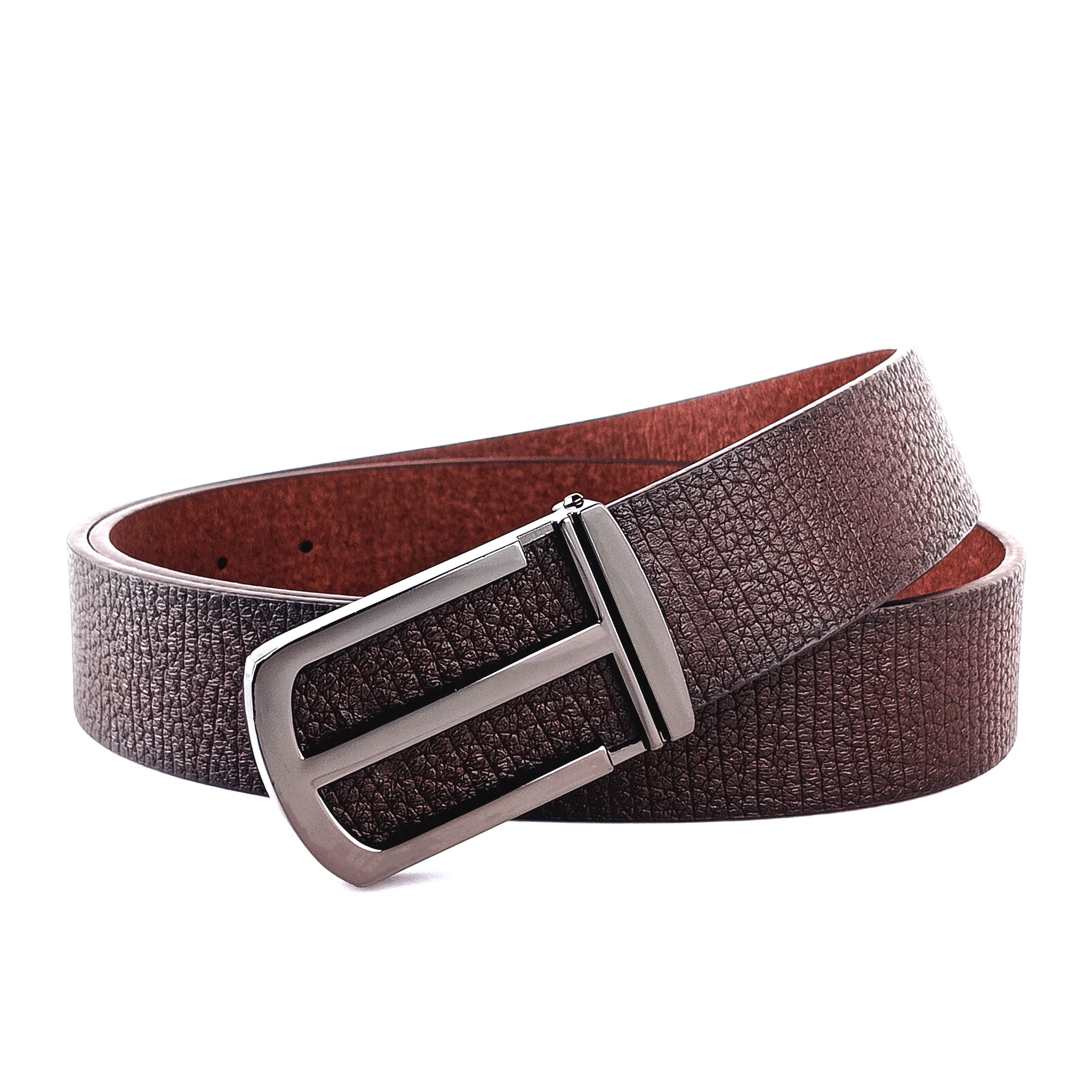 Hemener Men Glossy Metal Pin Hole Buckle Dark Brown Vegan Leather Belt