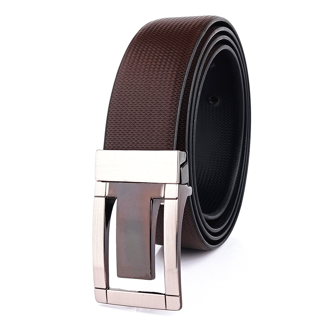 Hemener Men Metal Pin Hole Buckle Black Dark Brown Reversible Vegan Leather Belt