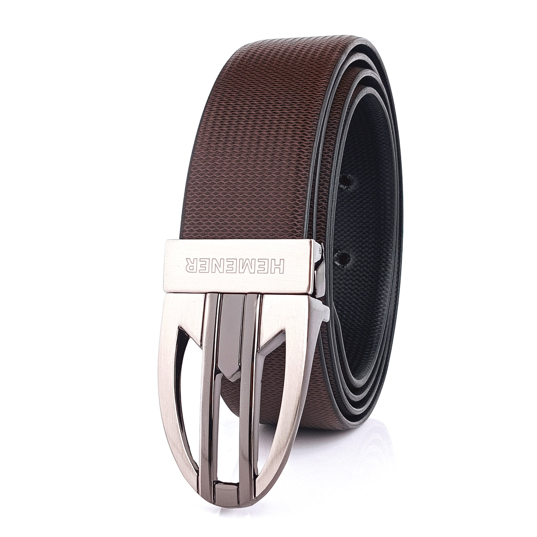 Hemener Men Metal Pin Hole Buckle Black Dark Brown Reversible Vegan Leather Belt