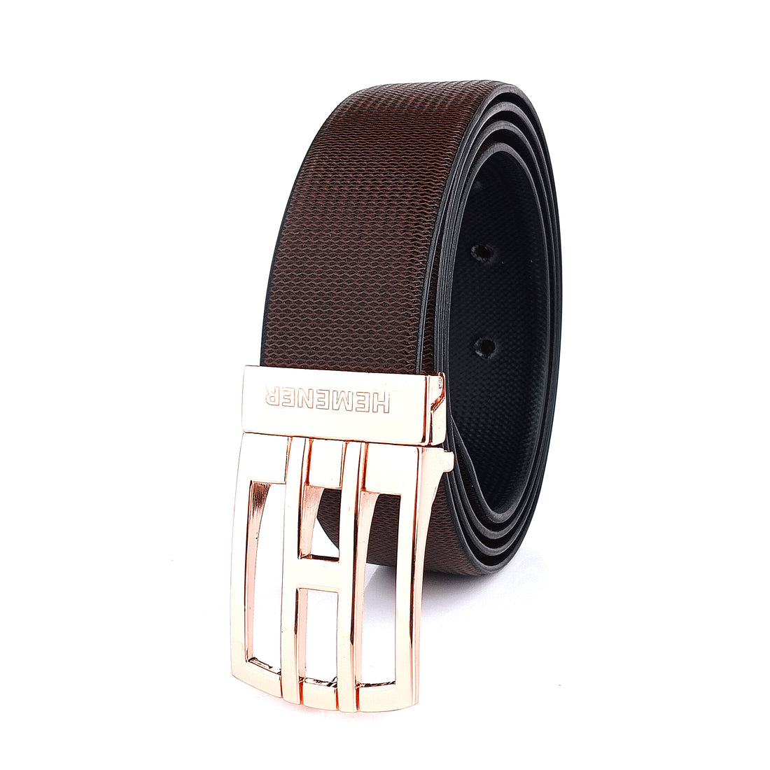 Hemener Men Metal Pin Hole Buckle Black Dark Brown Reversible Vegan Leather Belt