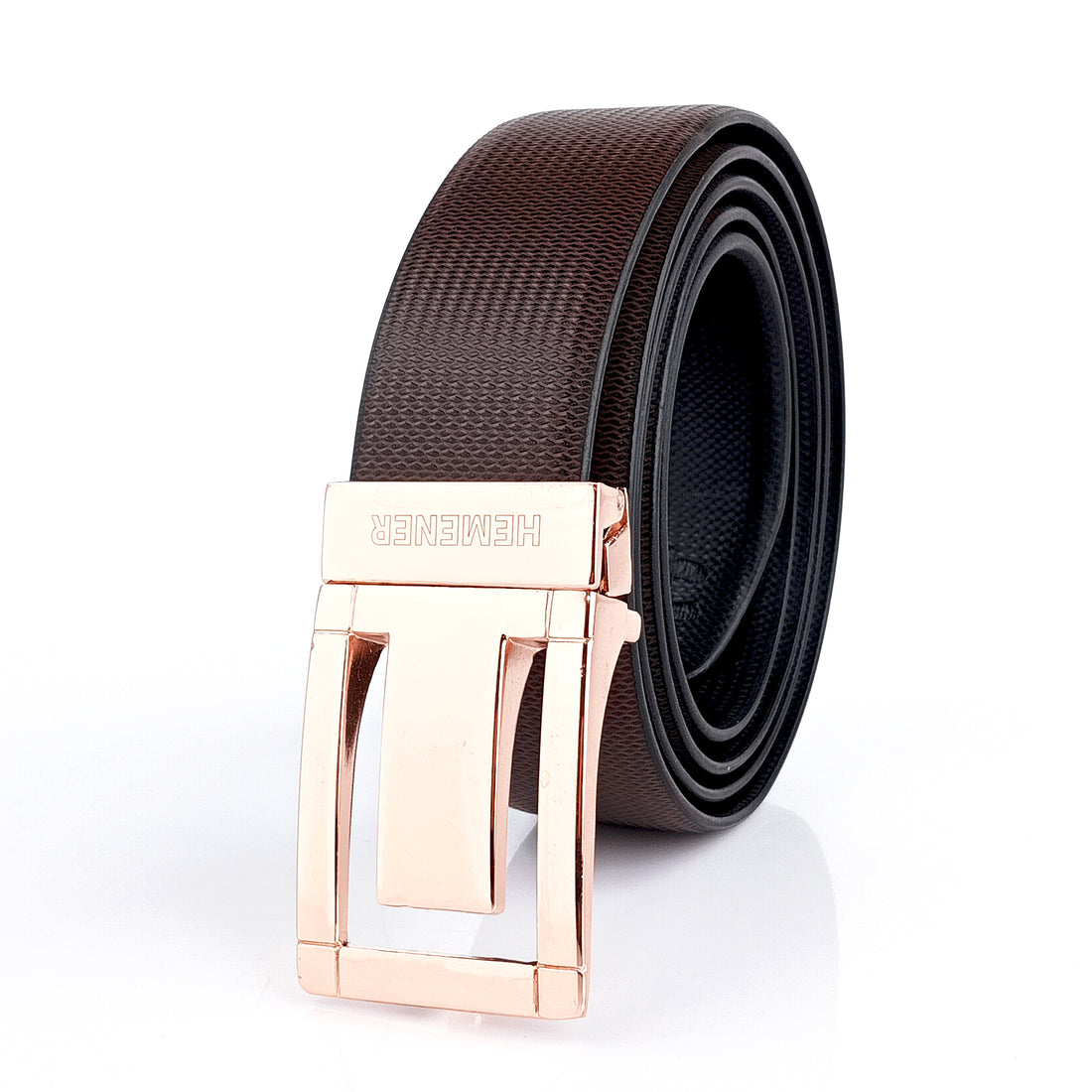 Hemener Men Metal Pin Hole Buckle Black Dark Brown Reversible Vegan Leather Belt